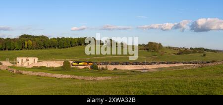 GB Railfreight class 60 diesel locomotive 60047 at Harrisons siding, Shap, Cumbria  with a freight train of box wagons stabled for the weekend Stock Photo