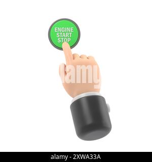 Engine starting and stopping system. Engine start. The person presses the finger on the start and stop button of car motor. 3D illustration flat desig Stock Photo