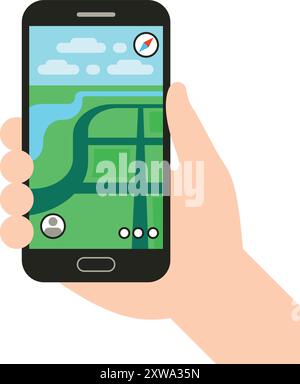 Location map app phone screen in human hand Stock Vector
