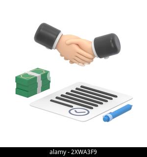 Cartoon Gesture Icon Mockup.isometric 3D illustration, handshake over paper contract and stack of dollar bills, financial contract.3D rendering on whi Stock Photo