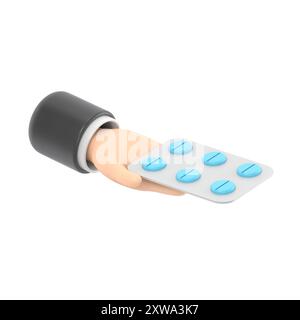 3d render. Pack of pills icon. Doctor or pharmacist cartoon hand with black skin holding drugs. Medical healthcare illustration.3D rendering on white Stock Photo