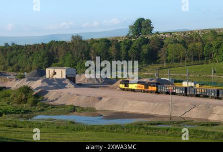 GB Railfreight class 60 diesel locomotive 60047 at Harrisons siding, Shap, Cumbria  with a freight train of box wagons stabled for the weekend Stock Photo