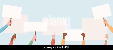 Diverse hands hold blank signs and round placards Stock Vector Image ...