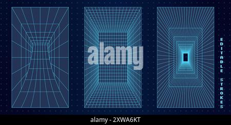 Futuristic 3D Tunnels with Editable Grid Mesh Stock Vector