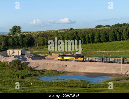 GB Railfreight class 60 diesel locomotive 60047 at Harrisons siding, Shap, Cumbria  with a freight train of box wagons stabled for the weekend Stock Photo