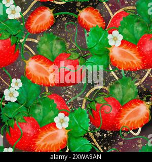 This colorful design features strawberries, lush leaves, and blooming flowers, perfect for summer projects. Digital seamless pattern in watercolor style, for printing on fabric and paper. Stock Photo