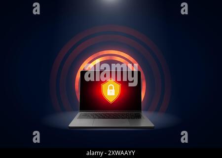 Cyber ​​security and privacy protection technology concept. Laptop with key lock icon on screen and red warning sign for network protection from hacke Stock Photo