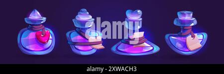 Magic glowing love potion in heart shaped glass bottle with labels. Cartoon vector game assets of medicine flask with chemistry elixir or perfume. Fantasy liquid aphrodisiac or poison in beaker. Stock Vector