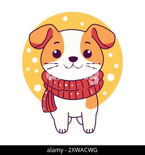 Cute Puppy Dog Pet Animal Wearing Scarf in Snow Winter Season with Happy Expression Stock Vector