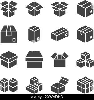 cardboard and parcel solid icon set,vector and illustration Stock Vector