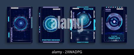 Grunge poster. Digital viewfinder. Space stars. HUD frame. Game aiming. Astronaut spaceship. Universe infinity. Galaxy shuttle shooting. Spacecraft flight. Cosmos discovery. Vector Sci-Fi cards set Stock Vector