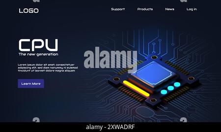 Circuit background. Chip board. CPU microchip. Tech computer information of hardware. Micro data processor. Electronic motherboard. Cyber engineering. PC microprocessor. Vector abstract banner design Stock Vector