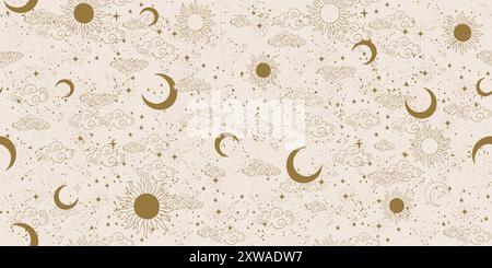 Seamless golden celestial pattern with sun, moon and stars, mystical astrological background, vector horoscope ornament on beige background. Zodiac ba Stock Vector