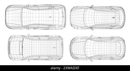 Set of wireframe different models of cars. Vector flat style illustration. Top view car vector illustration. 3D Stock Vector