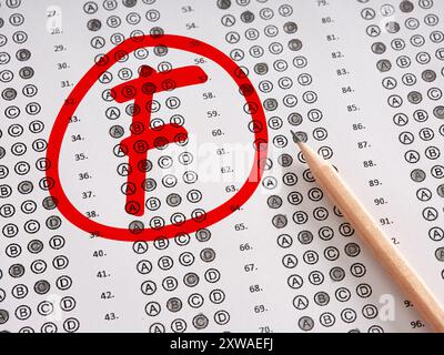 Test exam grade F with a red circle on a sheet of paper with pencil. Failure, education and evaluation concept. Stock Photo