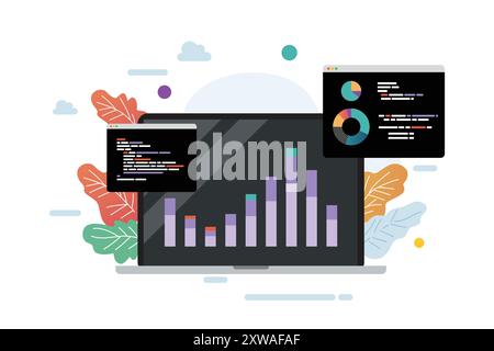 Laptop with bar chart and data. Business analytic concept. vector illustration Stock Vector