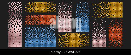 Set of colorful pixel disintegration backgrounds. Decay effect. Vector illustration. Stock Vector