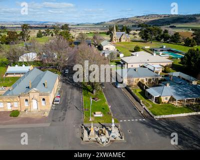 Ross, Australia: Aerial view of the historic ancient Ross town in Tasmania, famous for its colonial building such as the Uniting Church and the town h Stock Photo