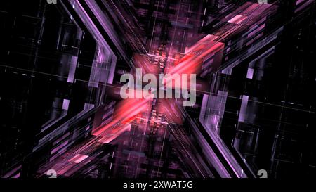 Dynamic patterns of red and purple intersecting in a complex geometric design create a striking visual effect in an abstract, futuristic environment. Stock Photo