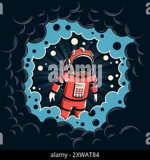 Astronaut floating in space surrounded by cosmic clouds at night Stock Vector