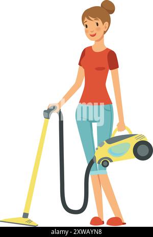 Woman with vacuum cleaner. Householding character color illustration Stock Vector