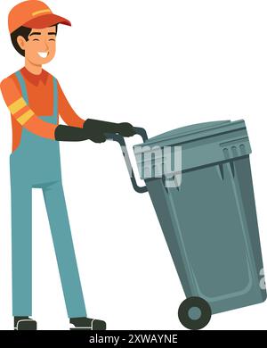 Worker pushing trash can. Garbage cleaning service Stock Vector
