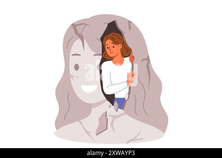 Woman with psychological problems looks out of own destroyed image and needs psychotherapy session Stock Vector