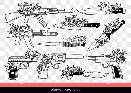 Firearms and bladed weapons for soldiers using pistols and knives or rifles. Automatic rifles with daggers are decorated with spring flowers and are intended for self-defense. Hand drawn doodle Stock Vector