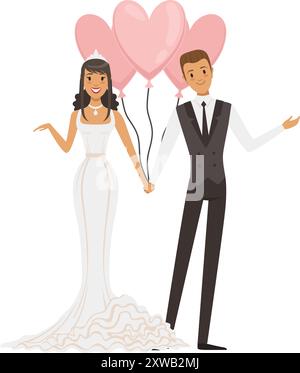 Heart shape balloons in groom and bride hands. Couple love Stock Vector