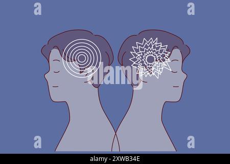 Comparison of men with healthy psychological state and bipolar disorder causing brain damage. Psychological differences normal and sick patients with symptoms of schizophrenia and cognitive impairment Stock Vector