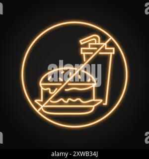 No fastfood neon line icon. Fast food prohibited, forbidden sign with hamburger and cola drink. Vector illustration. Stock Vector