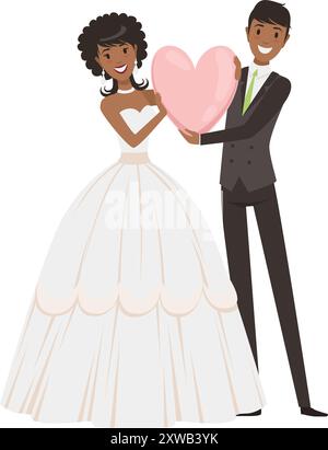 Bride and groom hold heart. Wedding cartoon icon Stock Vector