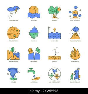 Global warming colored line icon set. Extreme environmental events. Vector illustration. Stock Vector