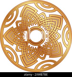 Round golden flower pattern. Realistic shiny emblem Stock Vector