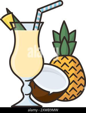 Pina Colada cocktail, coconut and pineapple isolated vector illustration for Piña Colada Day on July 10 Stock Vector
