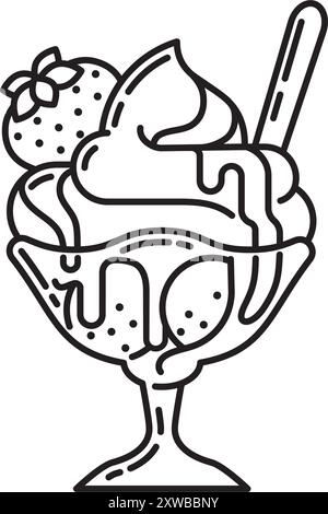Sundae dessert glass bowl vector line icon for Strawberry Sundae Day on July 7 Stock Vector