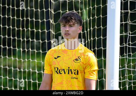 Landore, Swansea, Wales. 16 August 2024. Goalkeeper Sam Seager of Swansea City during the Under 18 Professional Development League match between Swansea City and Peterborough United at the JOMA High Performance Centre in Landore, Swansea, Wales, UK on 16 August 2024. Credit: Duncan Thomas/Majestic Media. Stock Photo