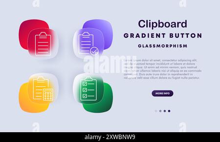 Clipboard set icon. Checklist, tasks, notes, document, organization, productivity, office tools, business, planning, glassmorphism, digital design. Stock Vector
