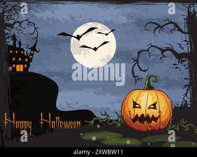 A Halloween scene with a pumpkin and bats flying in the sky. The sky is dark and the moon is visible. The image is meant to evoke a spooky and eerie m Stock Vector