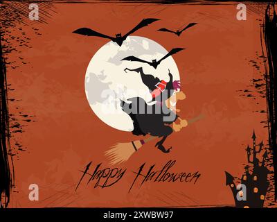 A witch flying on a broomstick with a moon in the background. The image is titled 'Happy Halloween' Stock Vector