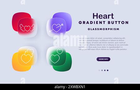 Heart icon set. Locked heart, sparkling, broken, border icons. Glassmorphism design with gradient buttons for UI UX, mobile, and web applications Stock Vector