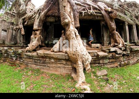 A woman  explores Angkor Wat, Cambodia Stock Photo