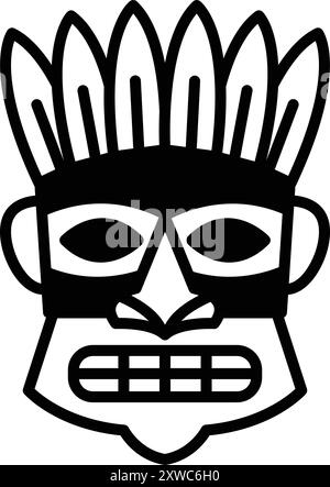 A black and white drawing of a face with a mask on it. The mask has a tribal design and the face has a menacing look Stock Vector