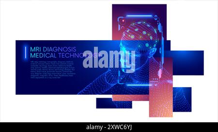 MRI, eeg or radiology tomography diagnosis medical science concept illustration. Electrodes sensor on head man patient. Scanner make Computer neurolog Stock Vector