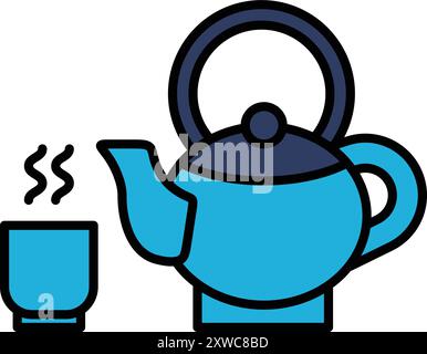 A black and white drawing of a tea kettle and a cup of tea. Concept of warmth and comfort Stock Vector