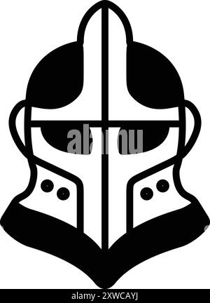 A black and white image of a knight's helmet. The helmet is designed to look like a medieval knight's helmet, with a cross on the front. The helmet is Stock Vector