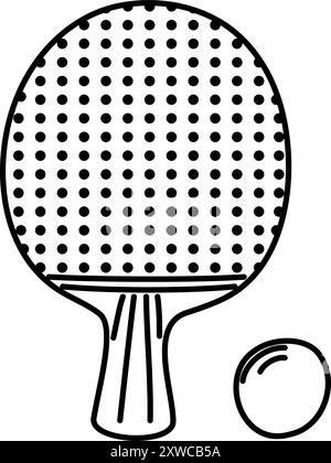 Table tennis racket and ball. Hand drawn ping pong paddle with dotted surface pattern. Black and white design for sport related icon, logo or educatio Stock Vector