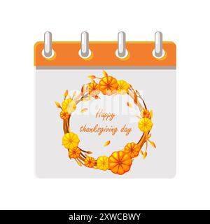 Thanksgiving Day Calendar with Wreath of pumpkins and leaf. Harvest festival Symbol, holiday Sign, Religious and cultural traditions Stock Vector