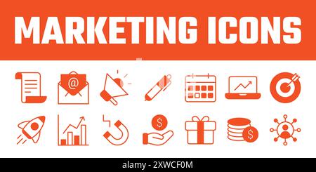 Marketing icons set vector. Marketing SEO icon vector. business marketing promotion icon Stock Vector
