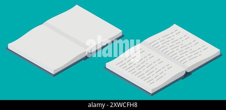 Two open books with blank and textfilled pages are shown on a vibrant turquoise background, great for education Stock Vector